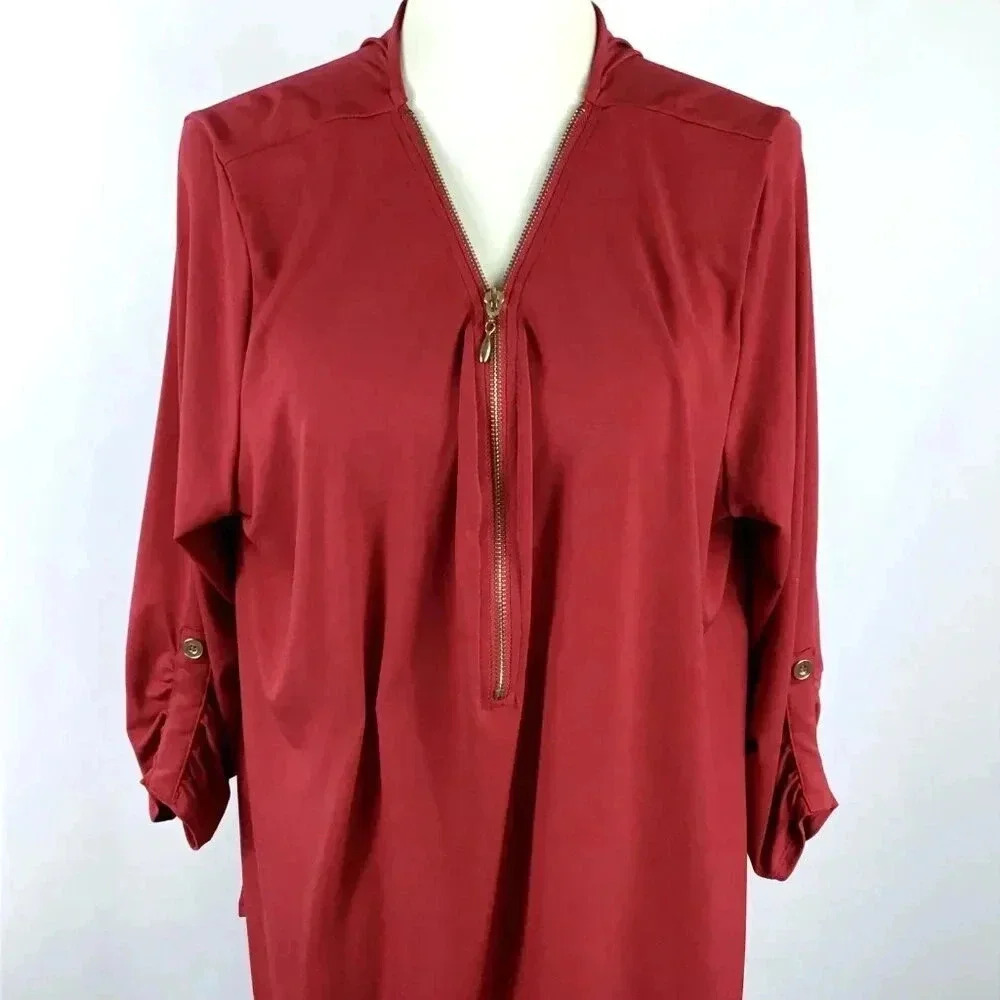 Women's Red Tunic Top Zenana Outfitters 3X Gold 1/3 Zip Popover Ruched Stretchy